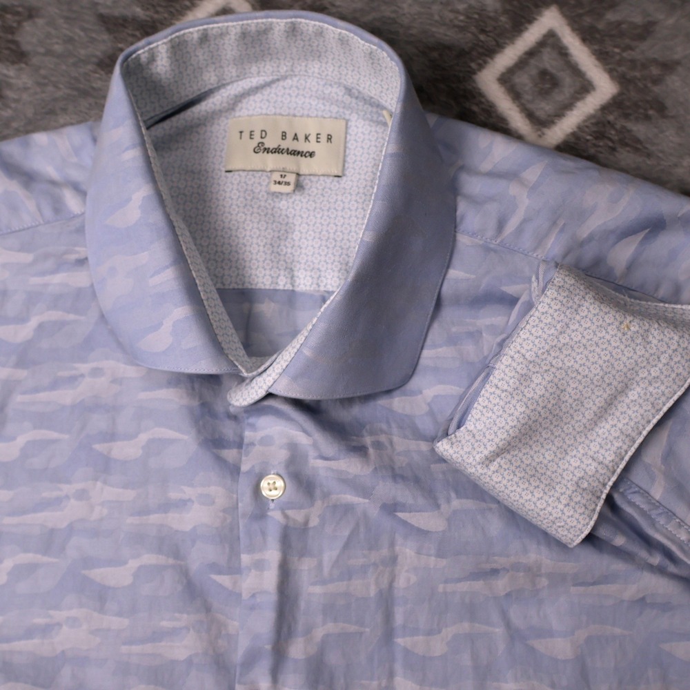 Ted Baker Endurance Blue Jacquard Wave Dress Shirt Mens 17 34/35 Long Sleeve
